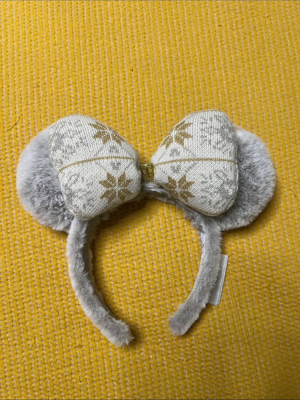 Disney Christmas Winter 2020 Grey Fuzzy Ears Gold Sweater Bow